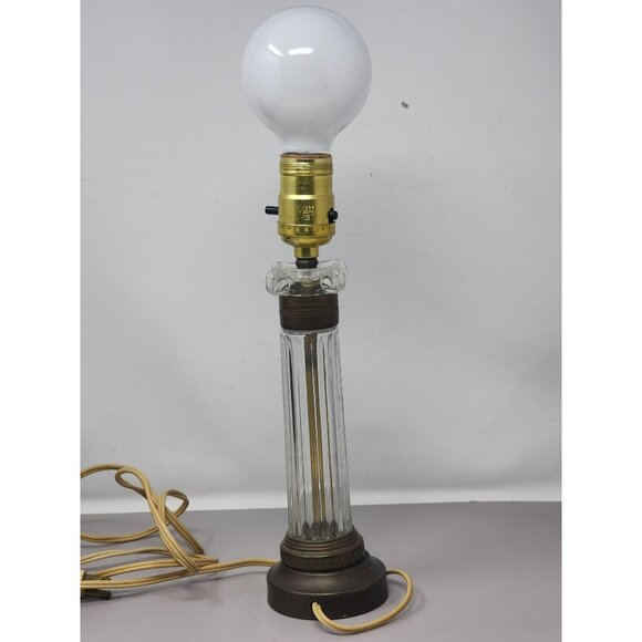 Vintage Working Leviton Glass Brass Table Lamp Ribbed Column Design Base - Picture 4 of 12